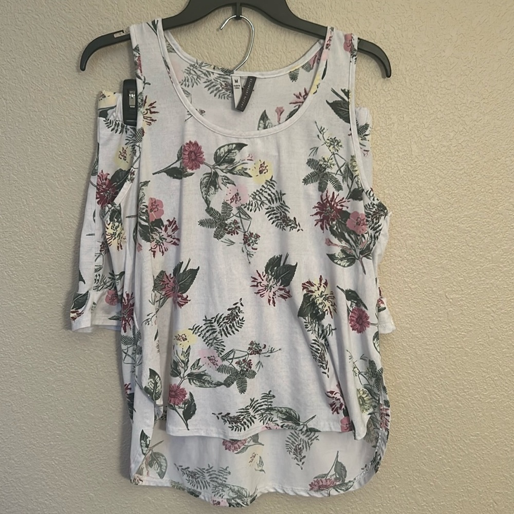 Floral Cold-Shoulder Tank Top - White with Pink & Green